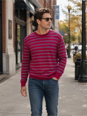 Polo by Ralph Lauren Men's Red and Navy Striped Sweater XL